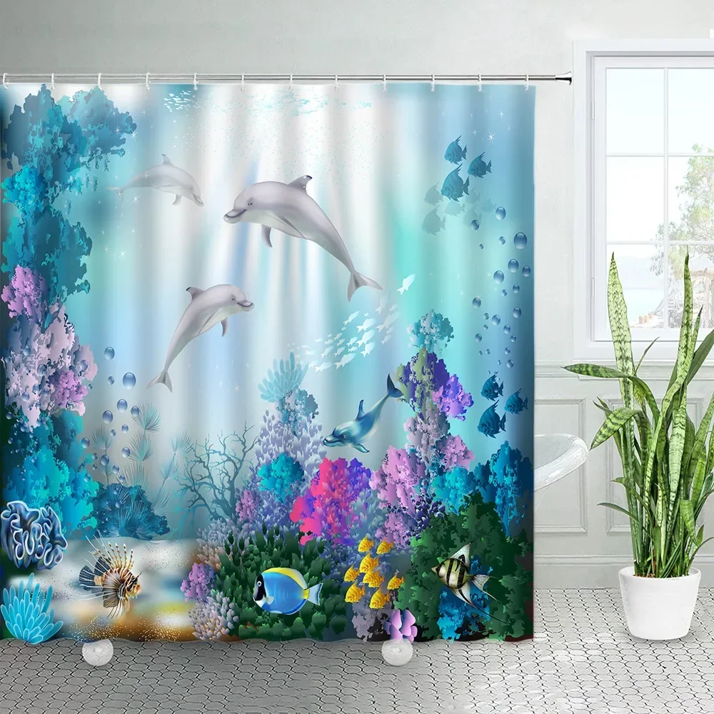 Beach Cave Dolphin Shower Curtains Cartoon Sea Animal Tropical Fish Shell Coral Underwater Landscape Children Bathroom Decor Set