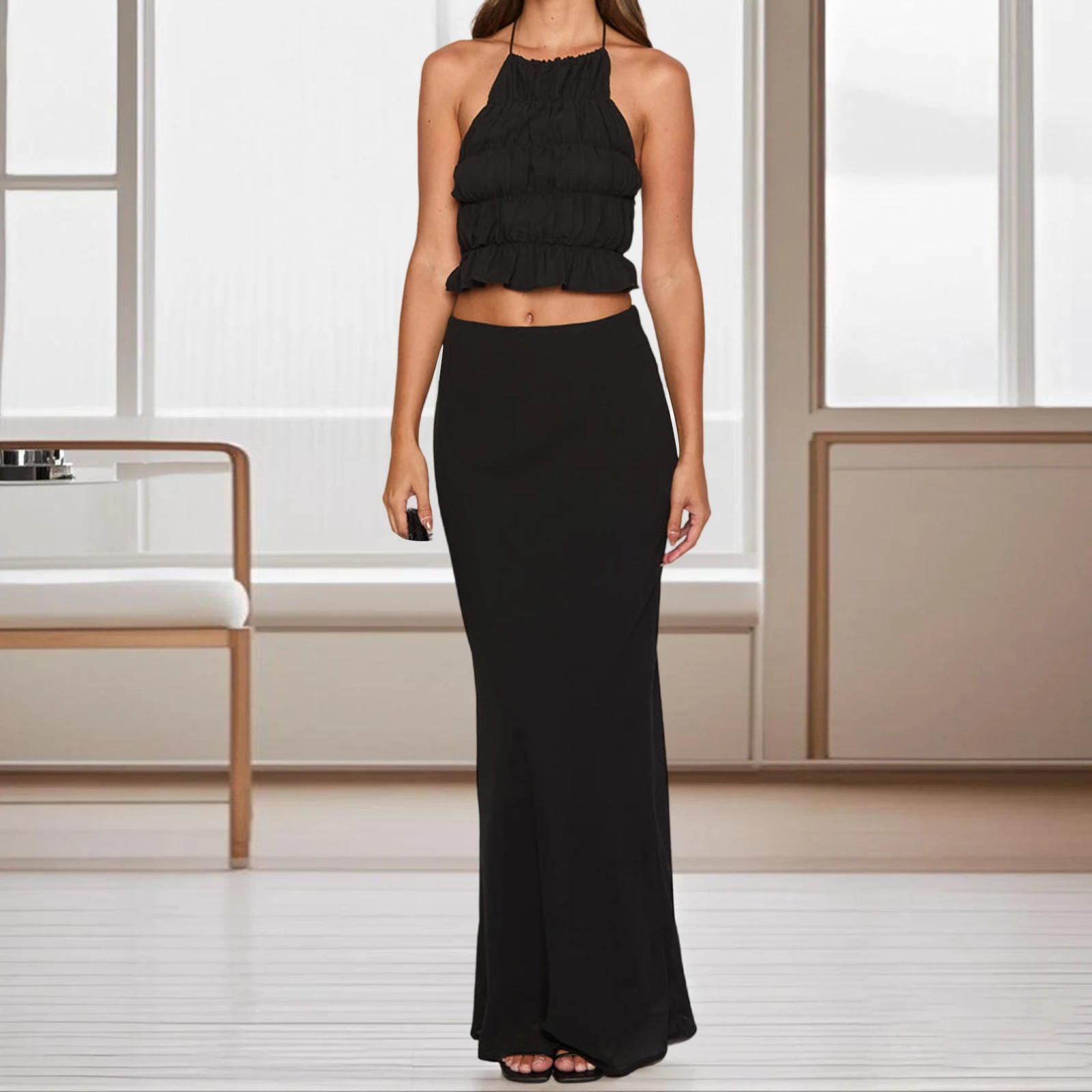 새로운 패션 투피스 스커트 세트 여성용 솔리드 컬러 스모크 홀터넥 민소매 크롭탑 슬림핏 롱 스커트 의상