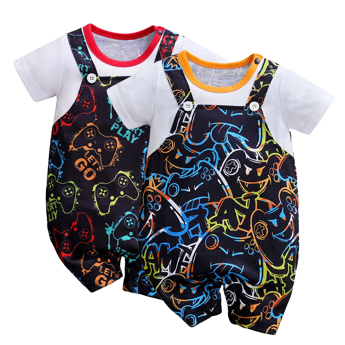 IURNXB Newborn Baby Overall Romper for Boys Infant Short Sleeve Gamepad Printed One Piece Outfit Summer Bodysuit 0-12M