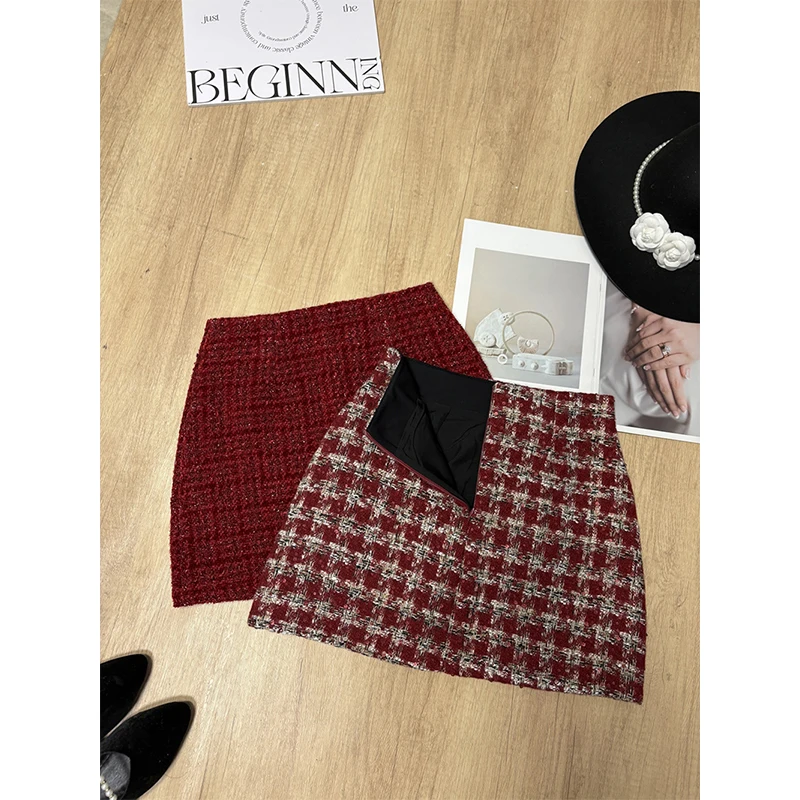 MEXZT Vintage Tweed Mini jupe femmes élégant rouge Plaid hanche portefeuille jupes hiver coréen taille haute mince conception une ligne Faldas nouveau