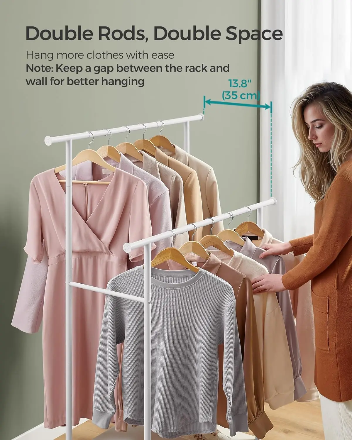 Double-Rod Clothes Rack with Wheels, 38.8" Garment Rack Shelf, 220 lb Capacity - Bedroom Closet Organizer, Rustic Brown/Ink Blac