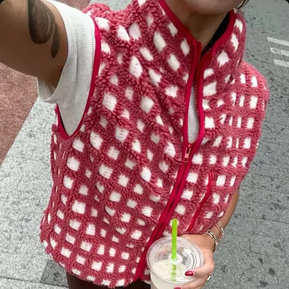 

Women’s Fuzzy Checkered Vest Outwear Autumn 2025 New Casual Sleeveless Stand Collar Zip Up Cardigan Turtleneck Fleece Waistcoat