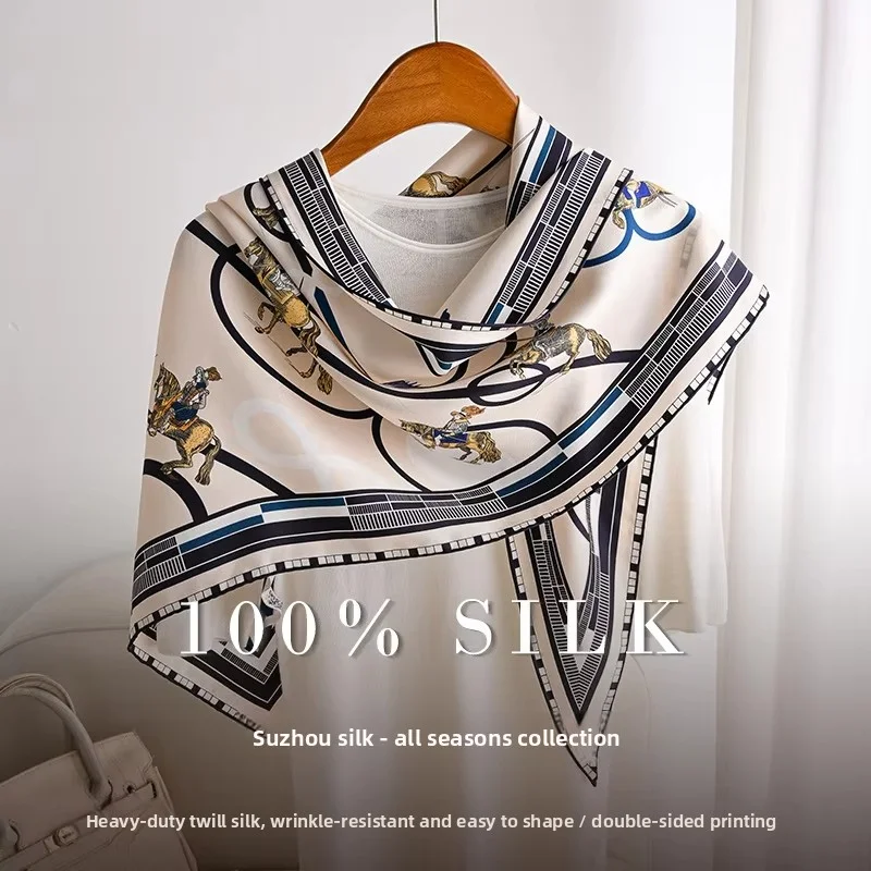 100% MULBERRY SILK Triangle Scarf British Equestrian Polo Rider Chain Print Neck Scarf Luxury Silk Bandana Elegant Head Wrap