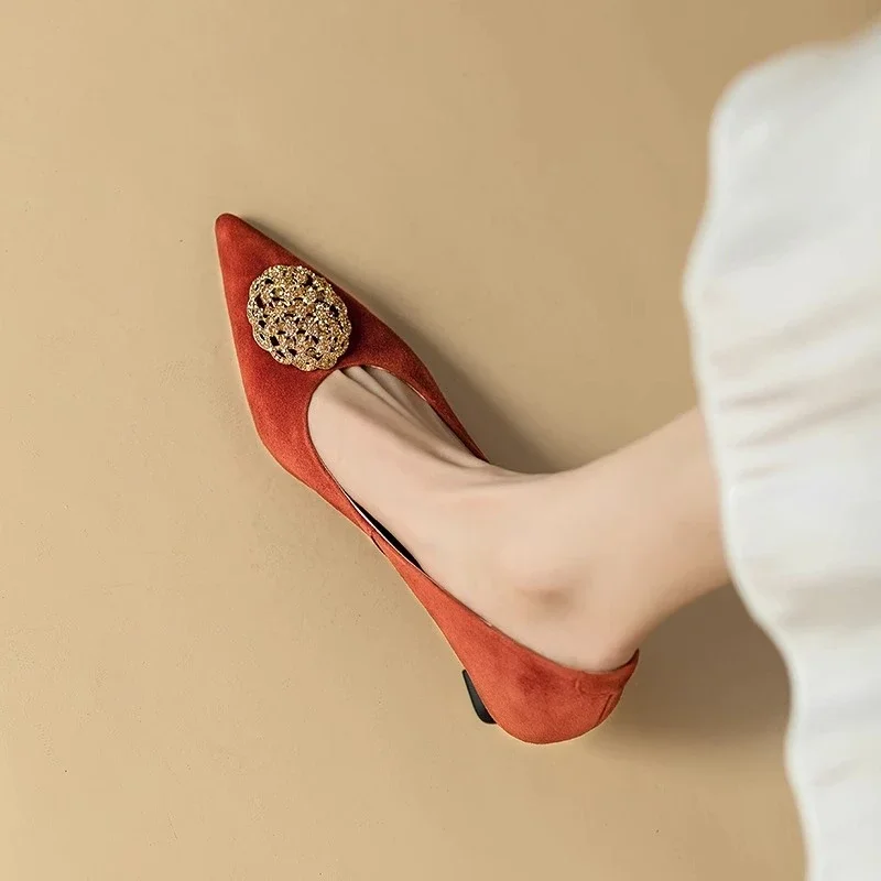 French Black Med Heels Women\'s Shoe Comfortable Office & Career Shoes Soft Leather Suede Pointed Shallow Shoes Pumps Zapatos