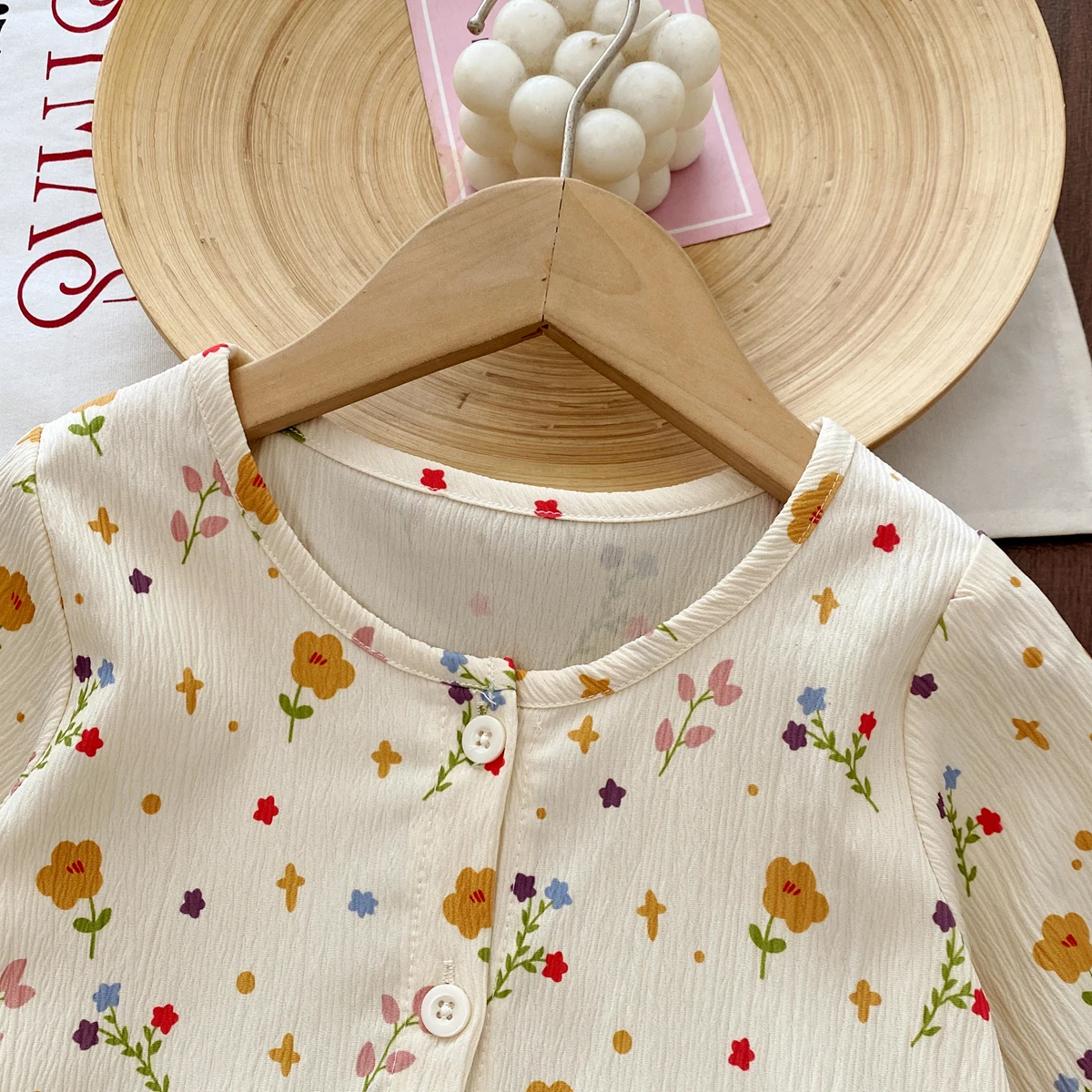Humor Bear Mädchen-Kleidungssets, Herbst, Blumenmuster, offene Knopfleiste, langärmelige, gerade geschnittene Hosen, 2-teiliger Kinderkleidungsanzug – Detail 4