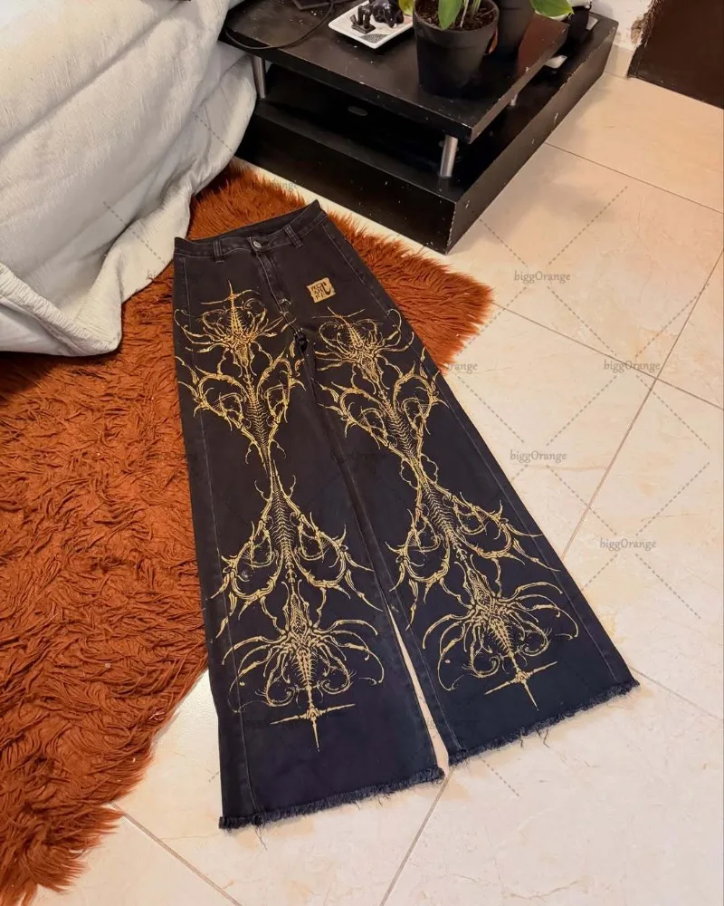 Pantalones vaqueros holgados Retro americanos con gráficos góticos Harajuku de cintura alta y piernas anchas para mujer, ropa de calle de moda, pantalones Harajuku Y2K