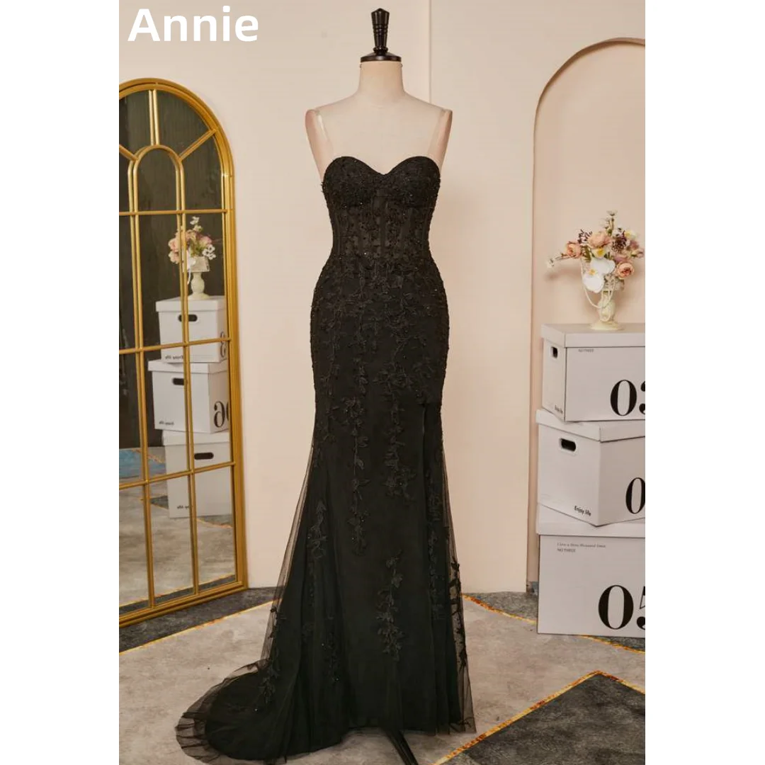 

Annie Black Lace Embroidery Wedding Dress Mermaid Tulle Prom Dresses Off-shoulder Women Cocktail Dresses Vestidos De Fiesta