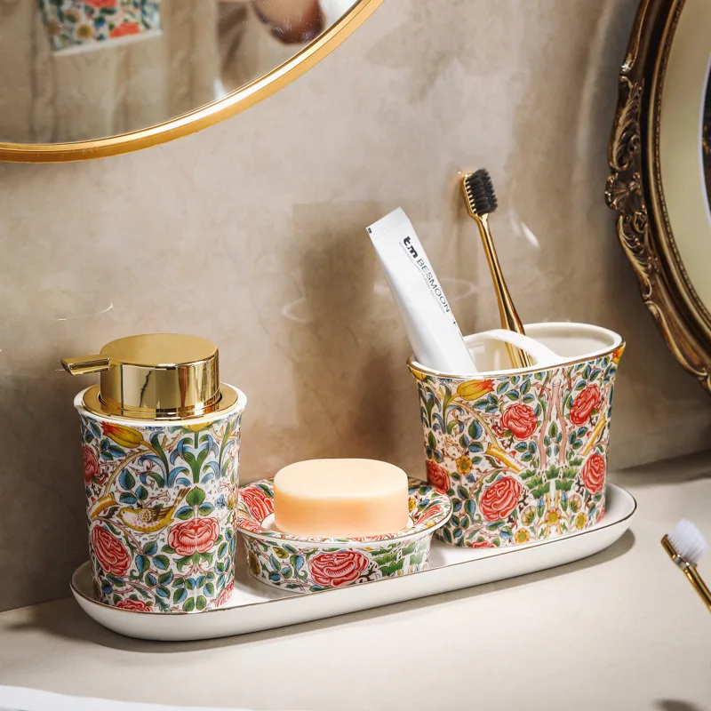 Ceramic toiletries set household couple mouthwash cup toothbrush cup combination tray mousse sparkling bottle bathroom set