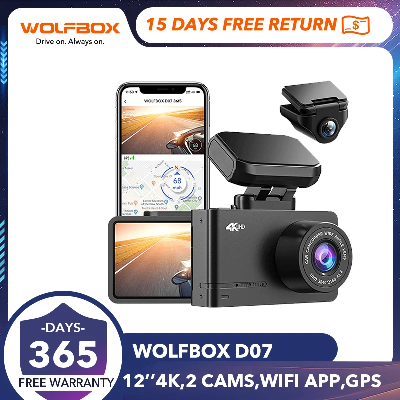 

WOLFBOX D07 Dash Camera Front and Rear 4K Dash Cam for Wifi Car Dvr Wifi Dual Dashcam 170 FOV Camera for Vehicle Parking Monitor