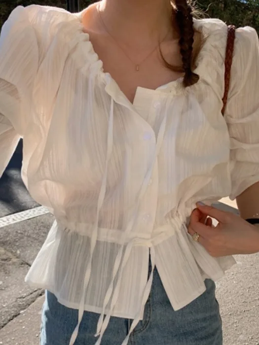 

Retro Embroidered Dstring irt Chic Summer New Sle 2025 Ladies Top Sun Protection Loose Bubble Sve ort Length