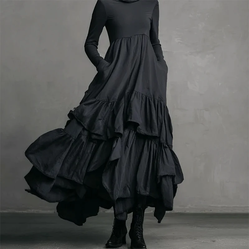 Elegante vestido longo plissado para mulheres, gola alta, mangas compridas, babado, em camadas, linha a, moda outono primavera, vestido retrô de bolso