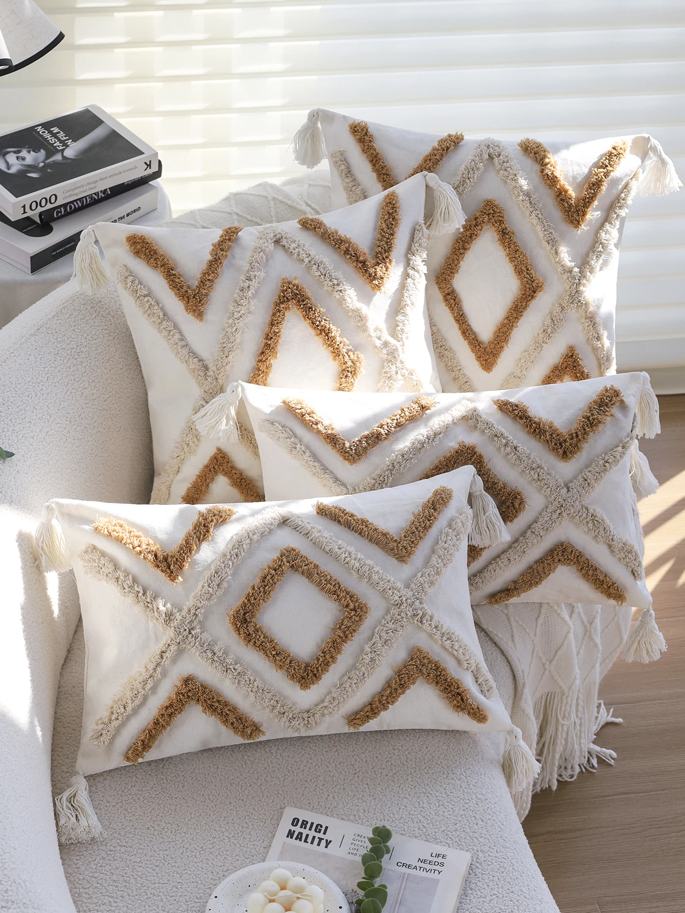 

30x50/45x45cm Bohemian Tufted Cushion Cover w/ Tassels Geometric Decorative Pillowcase for Living Room Sofa Lumbar Pillow Covers