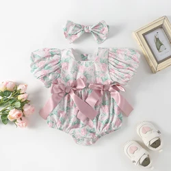 2024 New Summer Rose Print Bodysuits For Baby Girls Sweet Puff Sleeve Bow Infant One Piece With Headband Baby Clothes