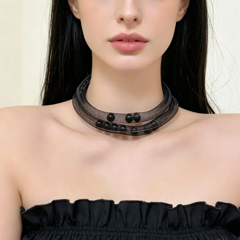 Women Vintage Sheer Net Choker With Black Round Beads Double Strand Trendy Dark Aesthetic Accessories