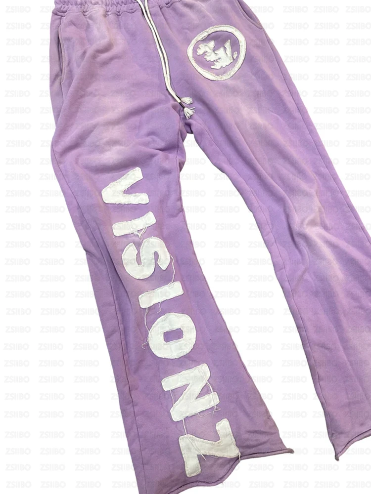 Sommer-Sale: Distressed Gradient Flare Pants – Unisex, elastischer Kordelzug, ausgefranste Buchstaben-Patches, Streetwear, weites Bein, lange Hose – Detail 5