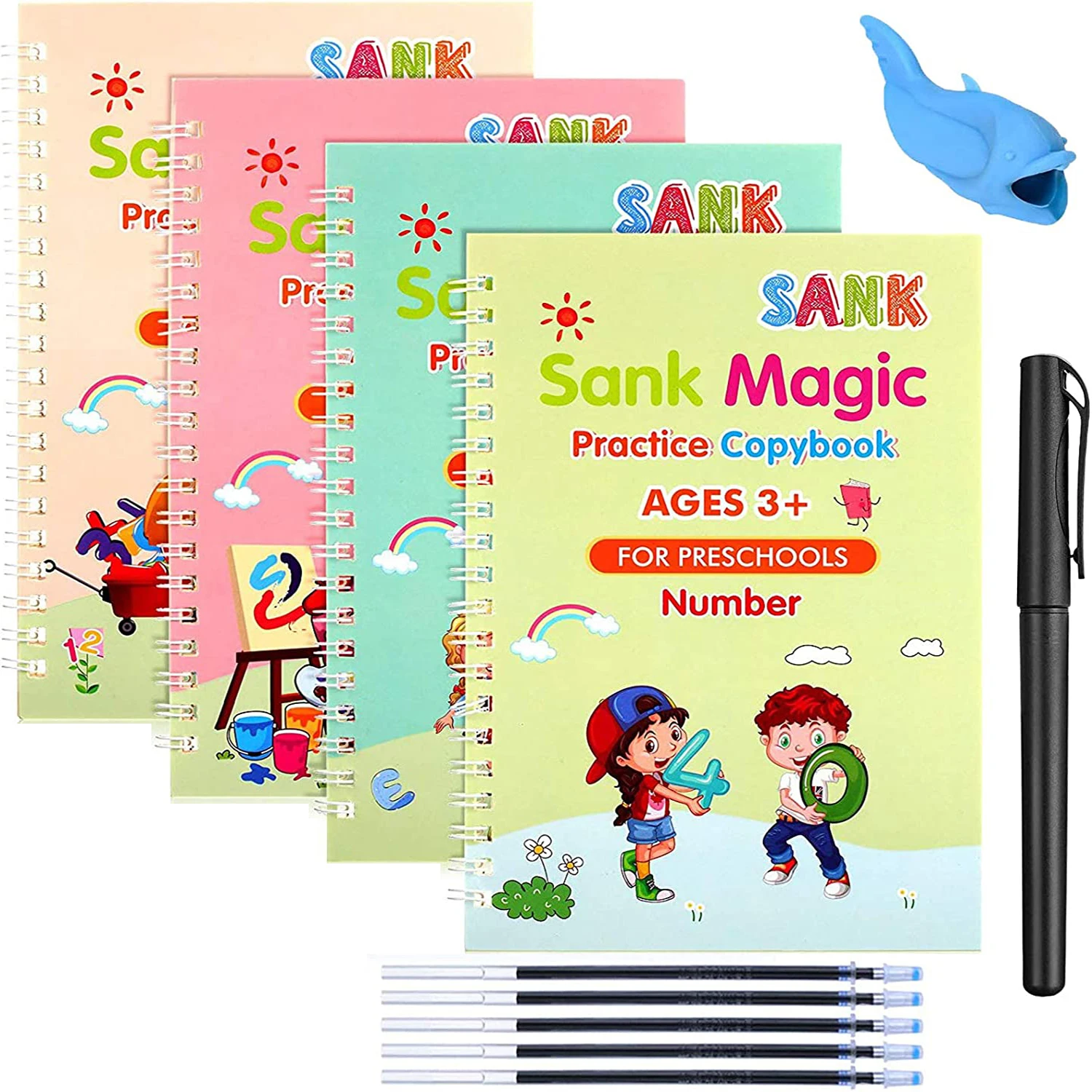 

4 Books SANK Magic Copy Book Practice English Learning for Kids Reusable Magical Copybook Tracing Book for Kid Handwriting