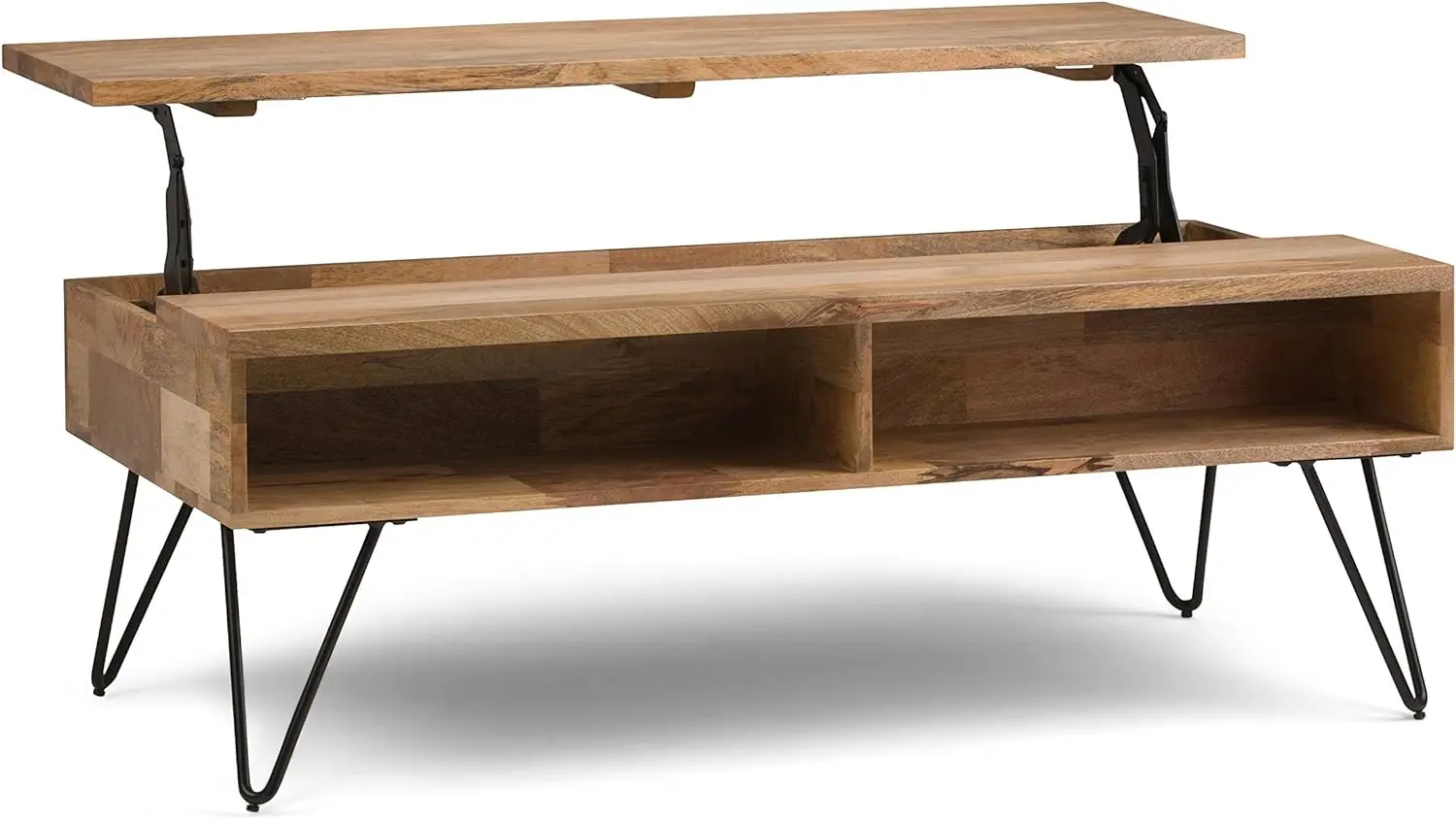 MANGO WOOD and Metal 48 Inch Wide Rectangle Industrial Lift Top Coffee Table in Natural, For the Living