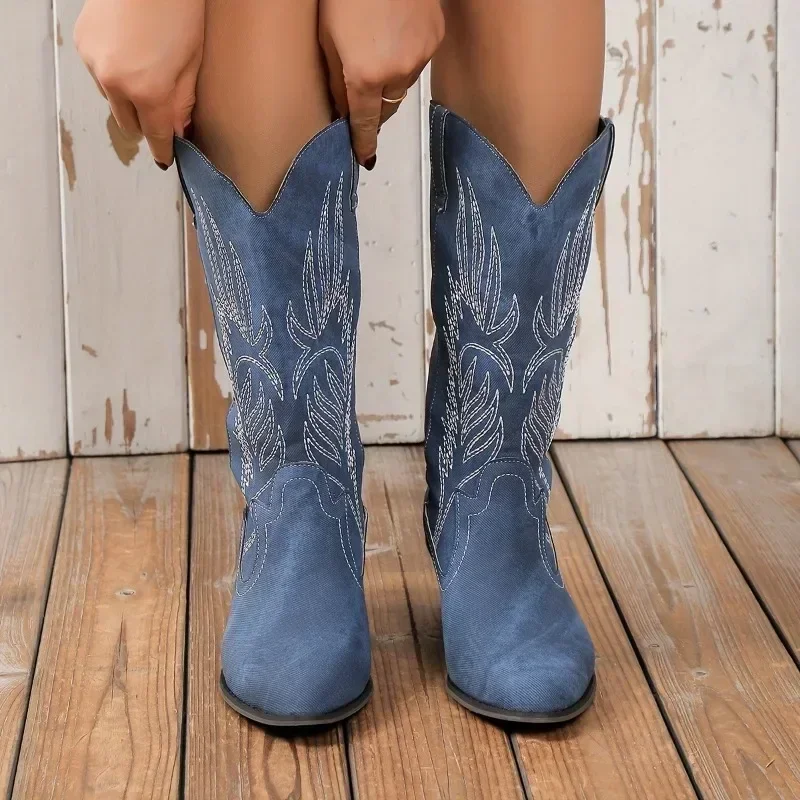 Mid Heel Retro Western Boots for Women - Pointed Toe Embroidered V-cut  Chunky Block Heel Versatile Mid Calf Boots