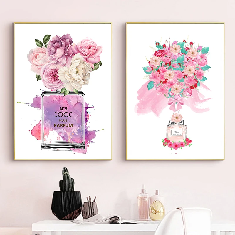 Fashion Perfume Bottle Print Peony Flower Watercolor Painting Canvas Poster Woman Luxurious Wall Art Picture Girls Bedroom De