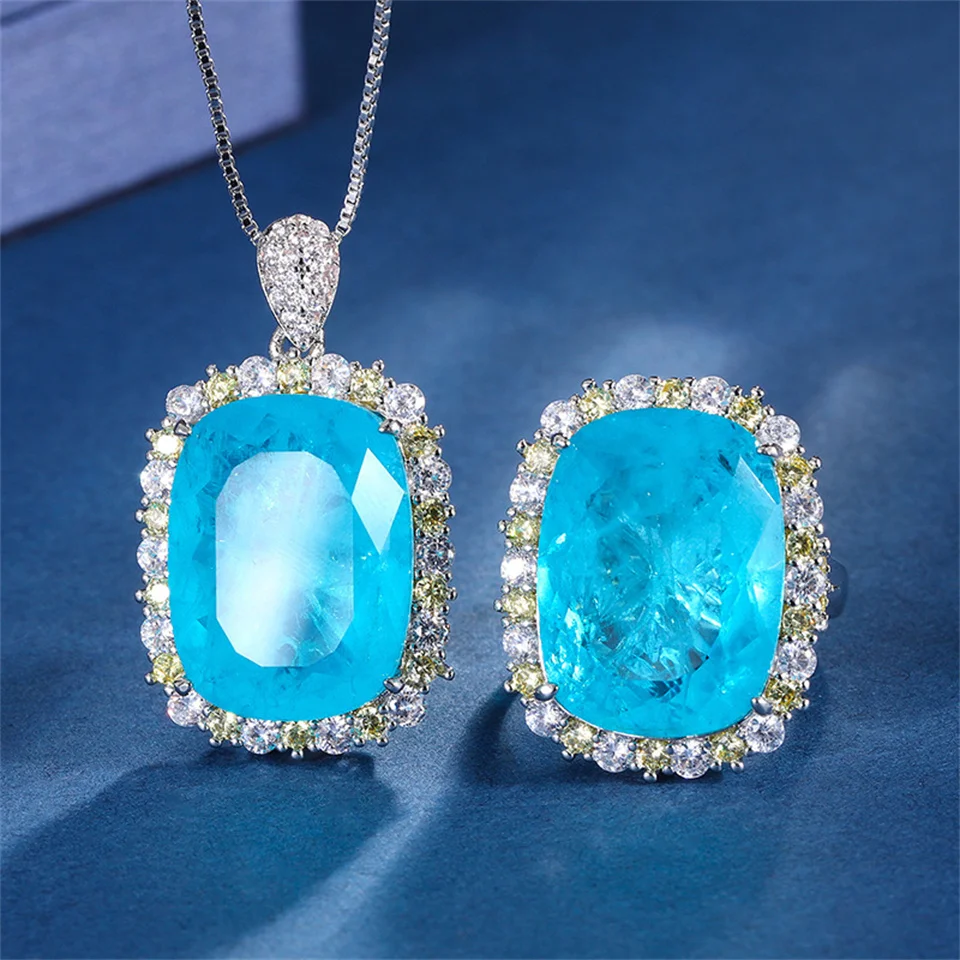 

Paraiba Fat Rectangular Light Luxury Textured Jewelry Set Cyan Diamond Gem Stainless Steel Necklace Ring Earrings Jewelry Gifts