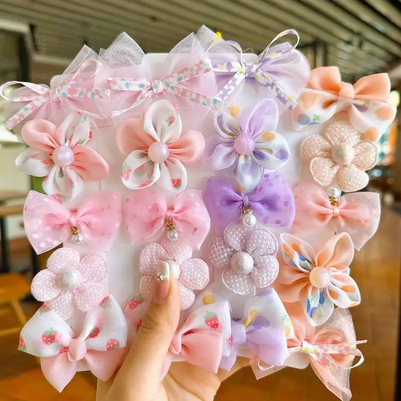 10Pcs/Set Children Cute Bows Hair Clips Girls Lace Flower Hairpins Mesh Bowknot Duckbill Clips Kids Hair Accessories