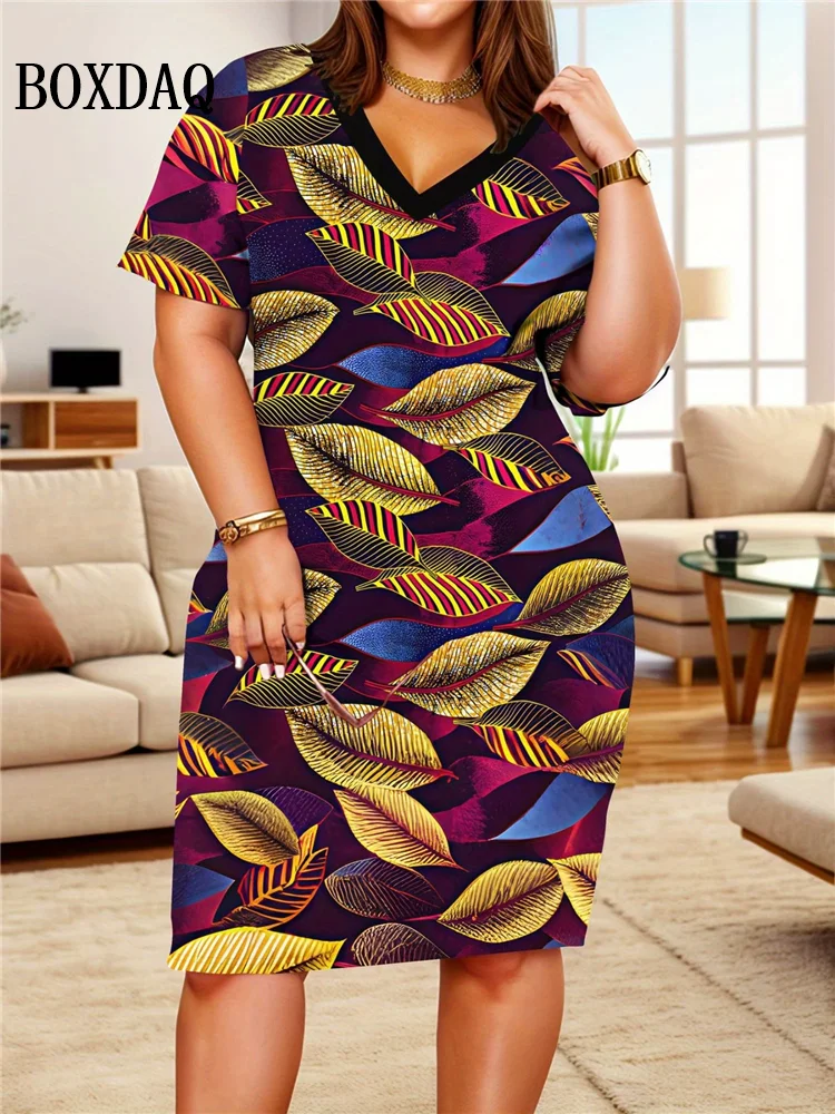 Women's Casual Fashion Loose Plus Size Dress V Neck Women Vintage Short Sleeve Flower Print Midi Dress Summer Clothing Big Sizes