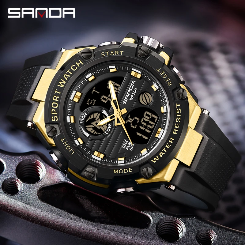 Fashion Sanda Top Brand 3196 Quartz Outdoor Sports 50m Waterproof Led Digital Date G Style Mens Dual Display Electronic Watches