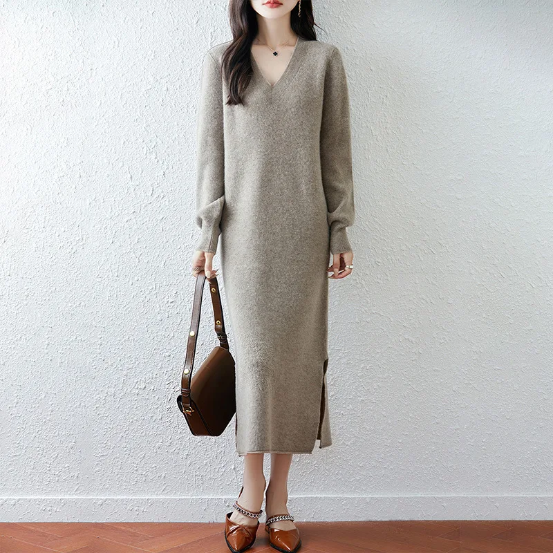

New% Wool Dress Women Inner Layer Over-Knee Autumn Winter Long Dress With Slit Design Sweater Base