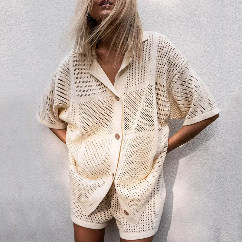 Women Casual Knit Shorts Sets Crochet Lapel Top and Short 2-Piece Set Hollow Out Cardigan Holiday Knit Suit Woman Clothes