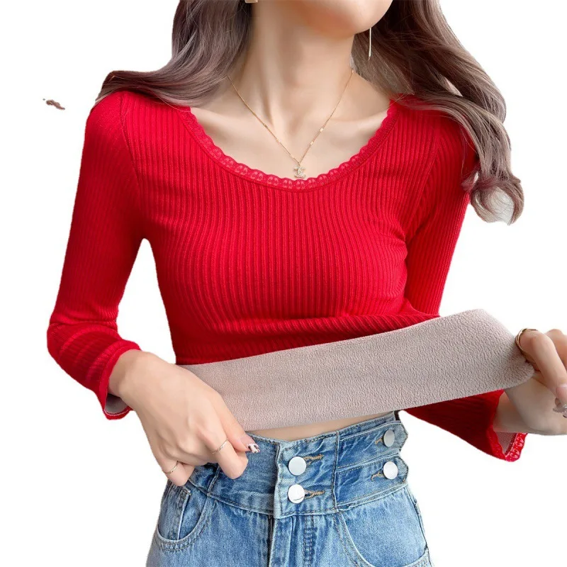 Thermal Underwear Women Winter Bottoming Shirt Fleece Warm Solid Long-Sleeved Lambwool Close-fitting O-Neck Pullover