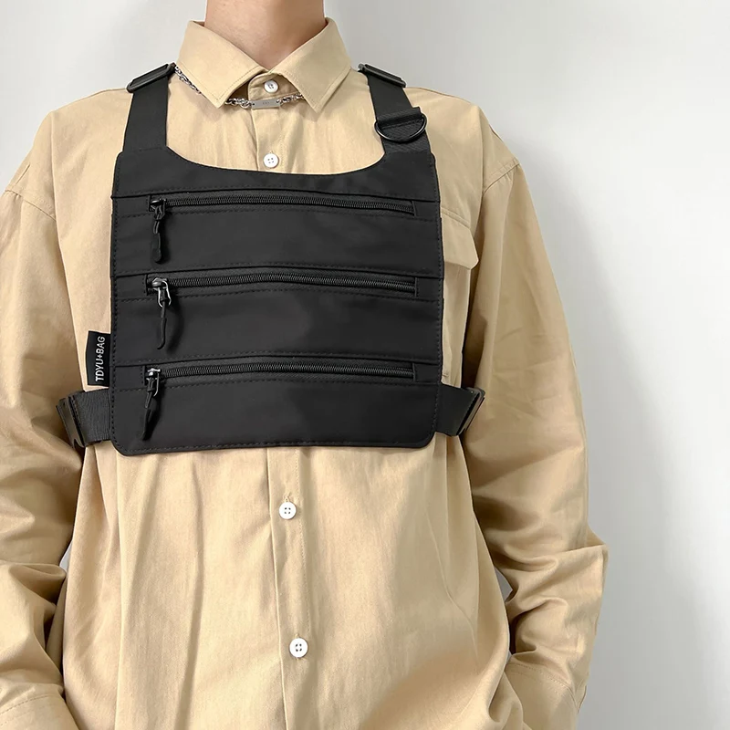 Hip Hop Streetwear Unisex Chest Pack Functional Men Tactical Vest Chest Rig Bags With Metal Chain Fashion Canvas Waist Pack Male