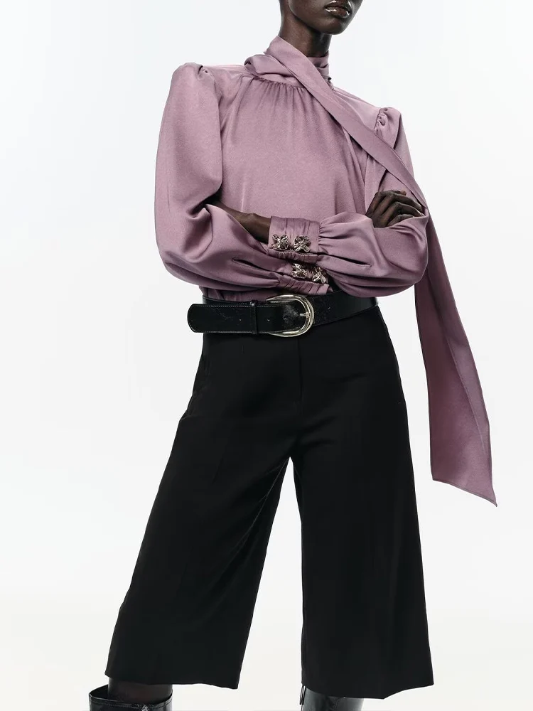 قميص نسائي جديد على الطراز الأوروبي من الساتان بلون سادة ومتعدد الاستخدامات مع زخرفة فيونكة. #1