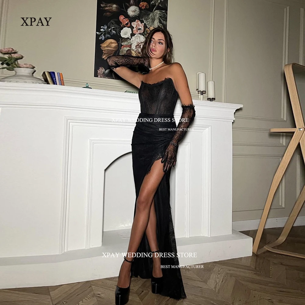 

XPAY New Sexy Black Lace Prom Dress Strapless Separate Half Sleeves Dubai Arabia Women Evening Gowns Cocktail Party Dress