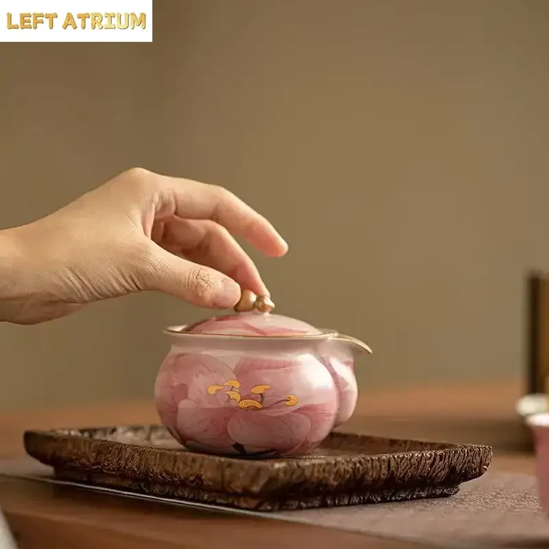 150ML Pink Ru Kiln Lily Teapot Imitation Song Hand Grab Pot National Gourd Ceramic Bottle Pot Not Hot Household Kung Fu Tea Set