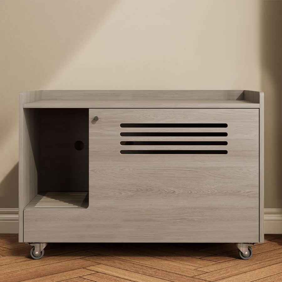 

Gray Cat Litter Box Enclosure Hidden Litter Box Furniture with top side fence Wooden Pet House Side End Table Storage Cabinet B
