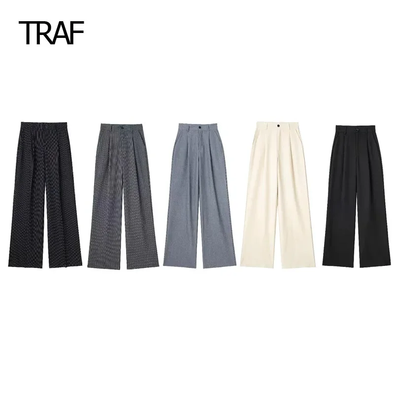 TRAF Women\'s Tailoring Pants Spring 2024 Baggy Ruffled Pant High Waist Aesthetic Pants New In Trousers Chic And Elegant Pants