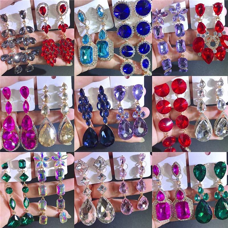 10/20Piars/Lot Colorful Glass Rhinestone Long Dangle Stud Earrings For Women Water Drop Shaped Jewelry Accessories Party Gifts