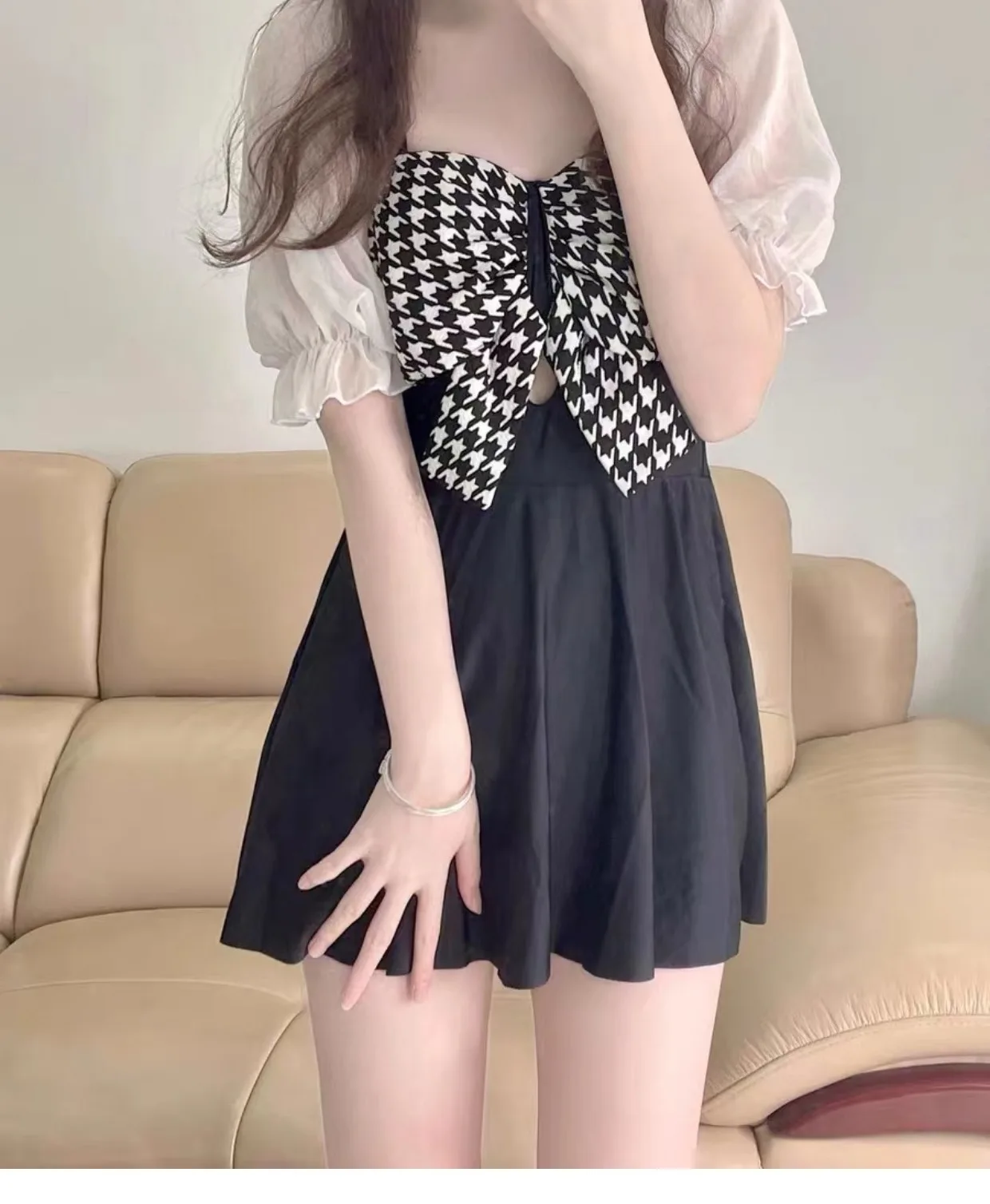 Traje de baño de una pieza con estampado de pata de gallo, traje de baño sexy, estilo coreano, con lazo, Manga corta abullonada, minivestido, culotte, bikini acolchado