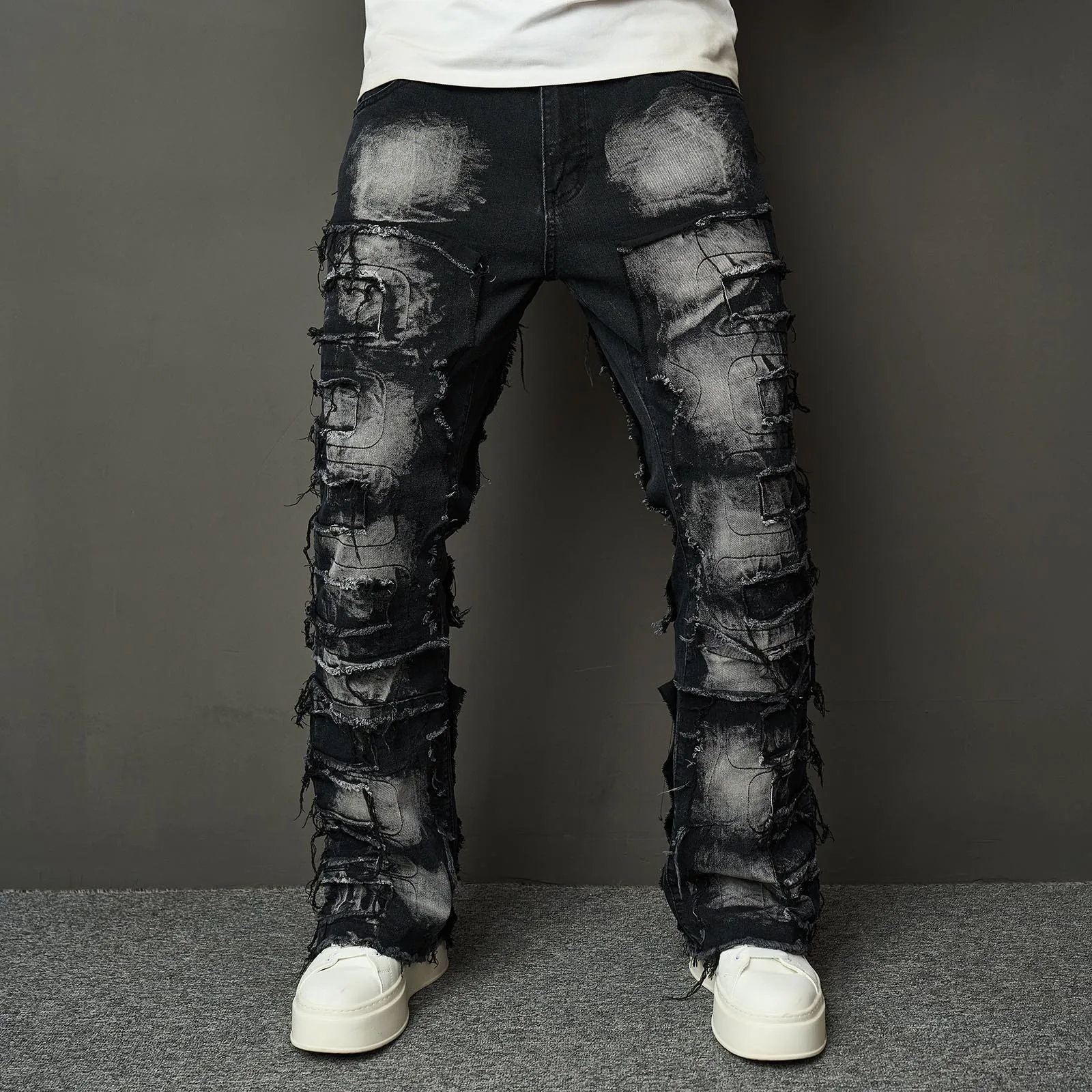 Male Patch Slim Bootcut Trousers Hip Hop High Street Skinny Jeans Mens Relaxed Fit