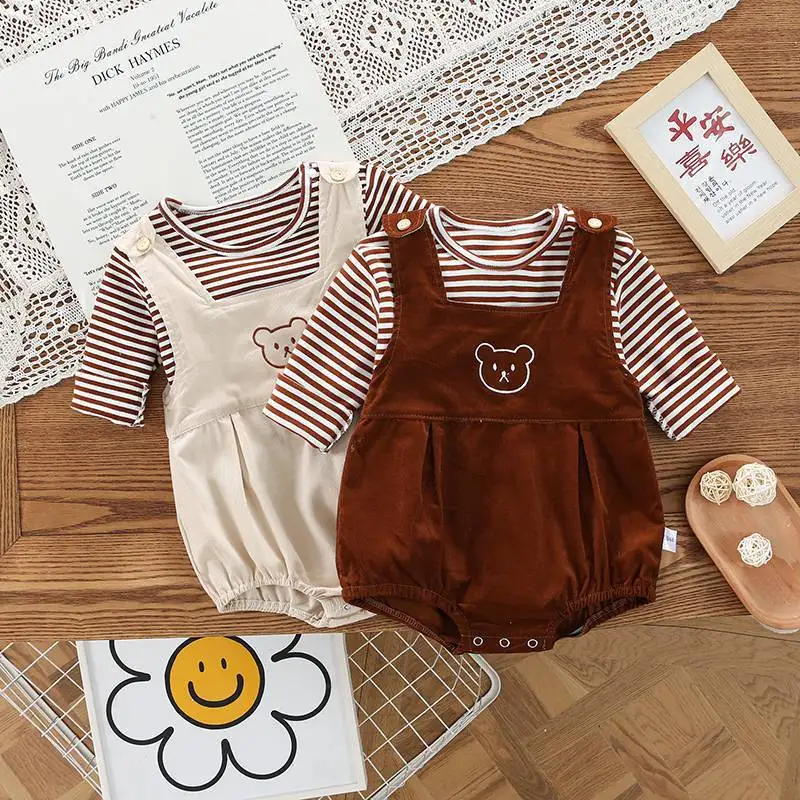 MILANCEL Autumn Baby Clothes Set Infant Girls Striped Long Sleeve T-shirt and Suspenders Bodysuit 2Pcs Toddler Boys Overalls