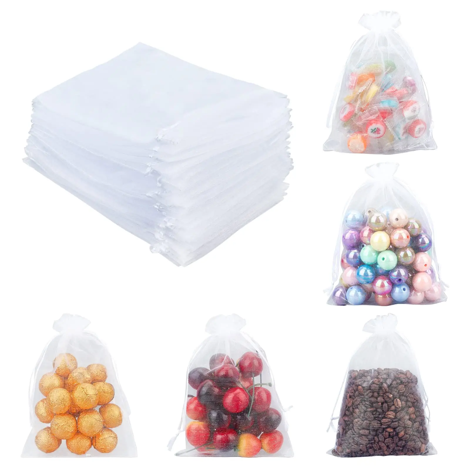 100 stücke große weiße Organza-Taschen mit Kordel zug Schmuck Geschenk-Taschen für Party Hochzeit Gunst Taschen Mesh-Beutel in verschiedenen Größen