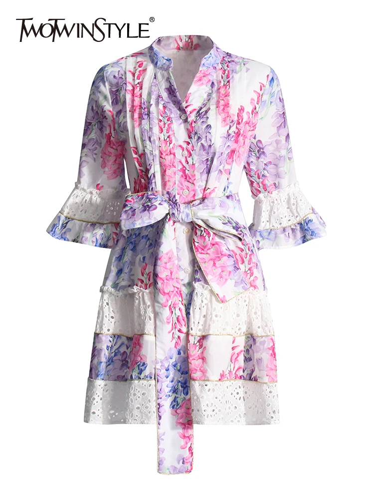 TWOTWINSTYLE Colorblock Printing Patchwork Lace Up Dress For Women V Neck Flare Sleeve High Wasit Casual Dresses Female Fashion