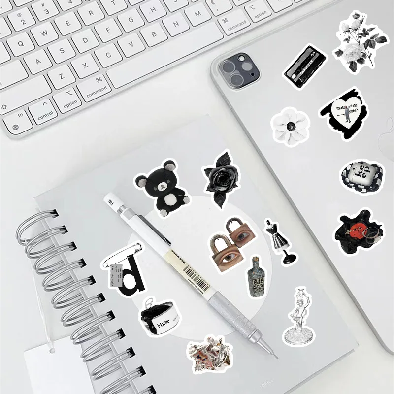 50 buah hitam dan putih pusat kota anak perempuan estetika Y2K stiker DIY buku tempel telepon bagasi Skateboard stiker tahan air