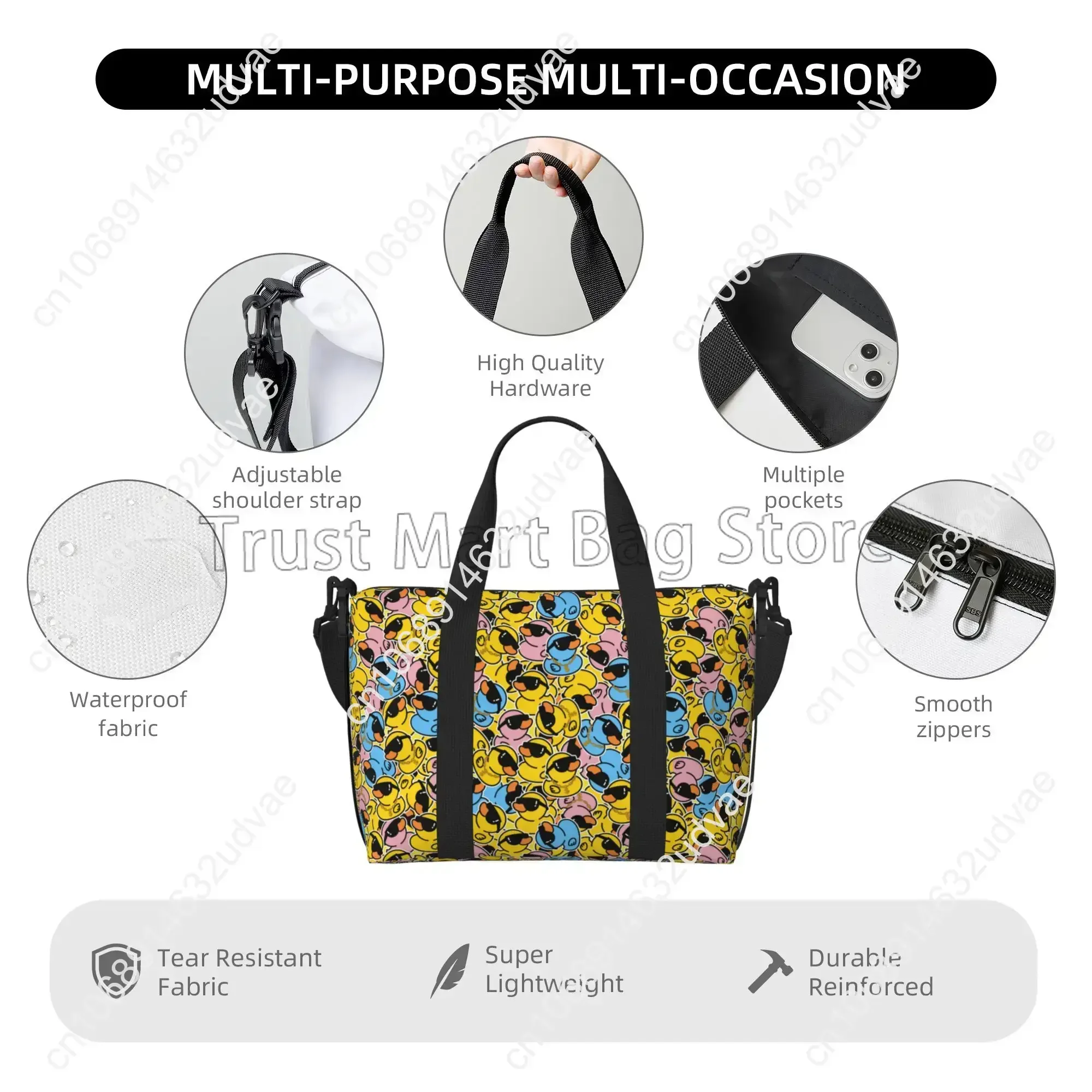Cute Rubber Cartoon Duck Print Travel Duffel Bags Unisex Waterproof Portable Luggage Tote Bag Overnight Weekender Hand Bag