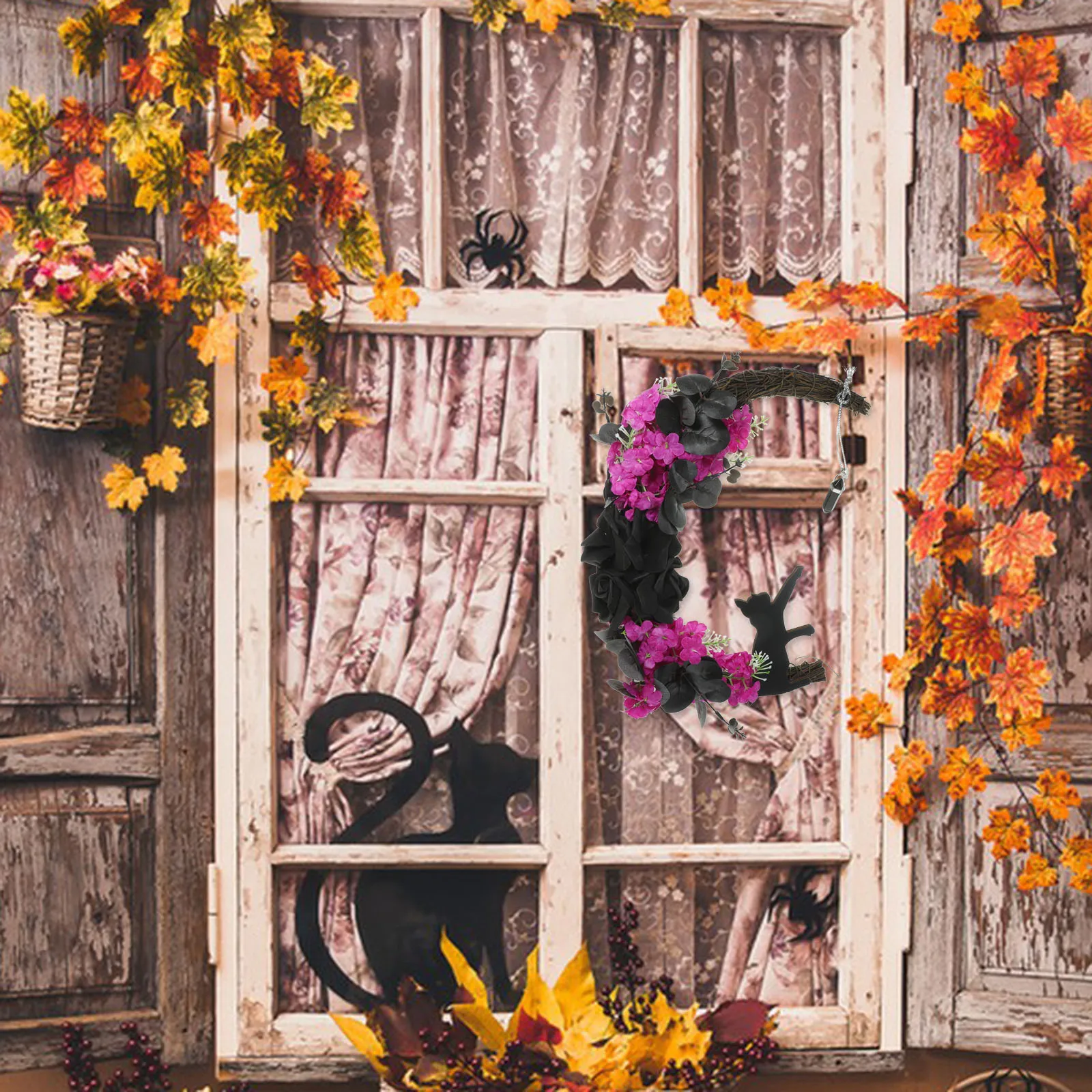 

Halloween Moon Cat Floral Wreath Door Hanging Decoration Fake Simulated Garland For Home Wall Window Halloween Party Photo Props