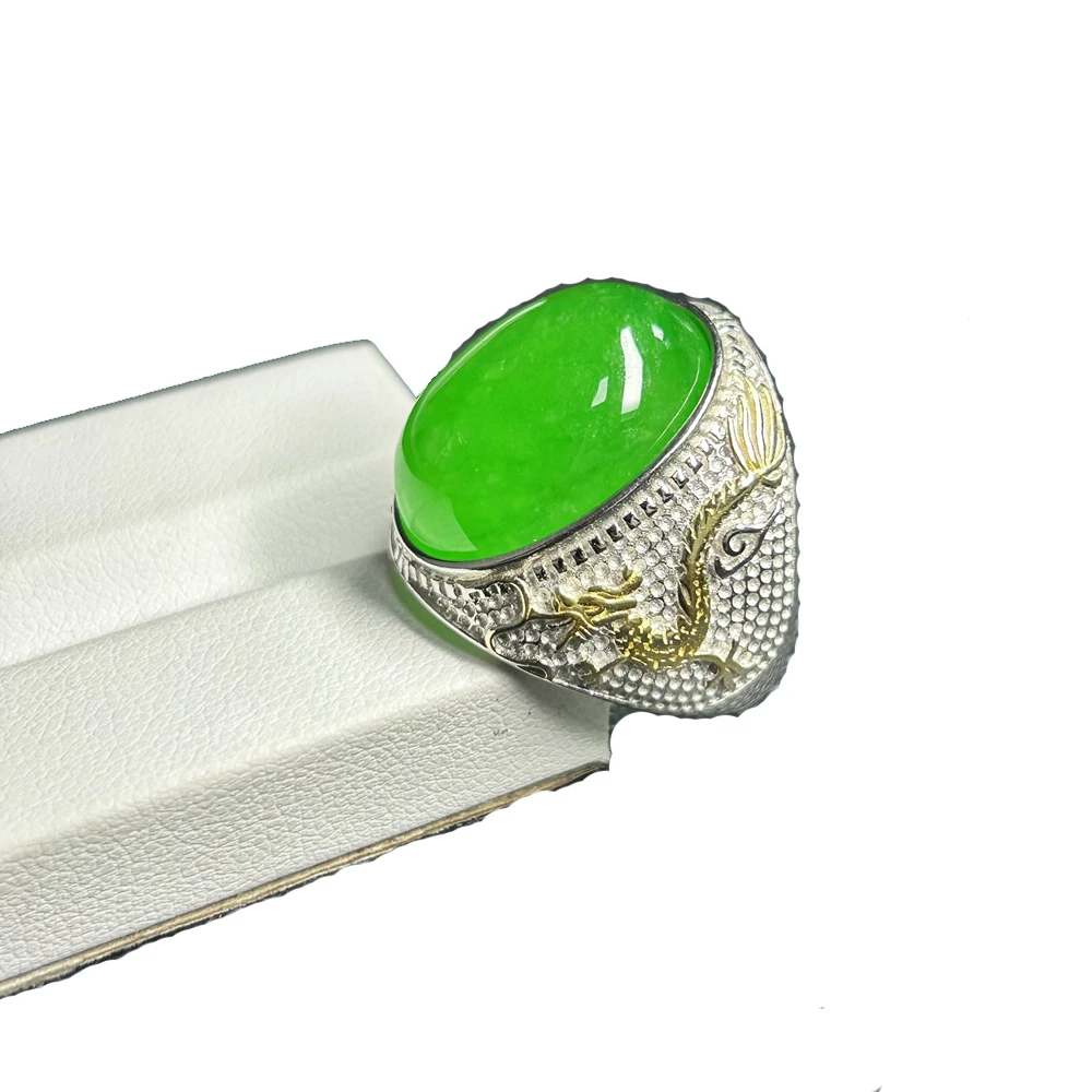 

Oval 15x20mm Original Burma Green Jade Stone 925 Silver Resizable China Gold Dragon Man Luxury Ring