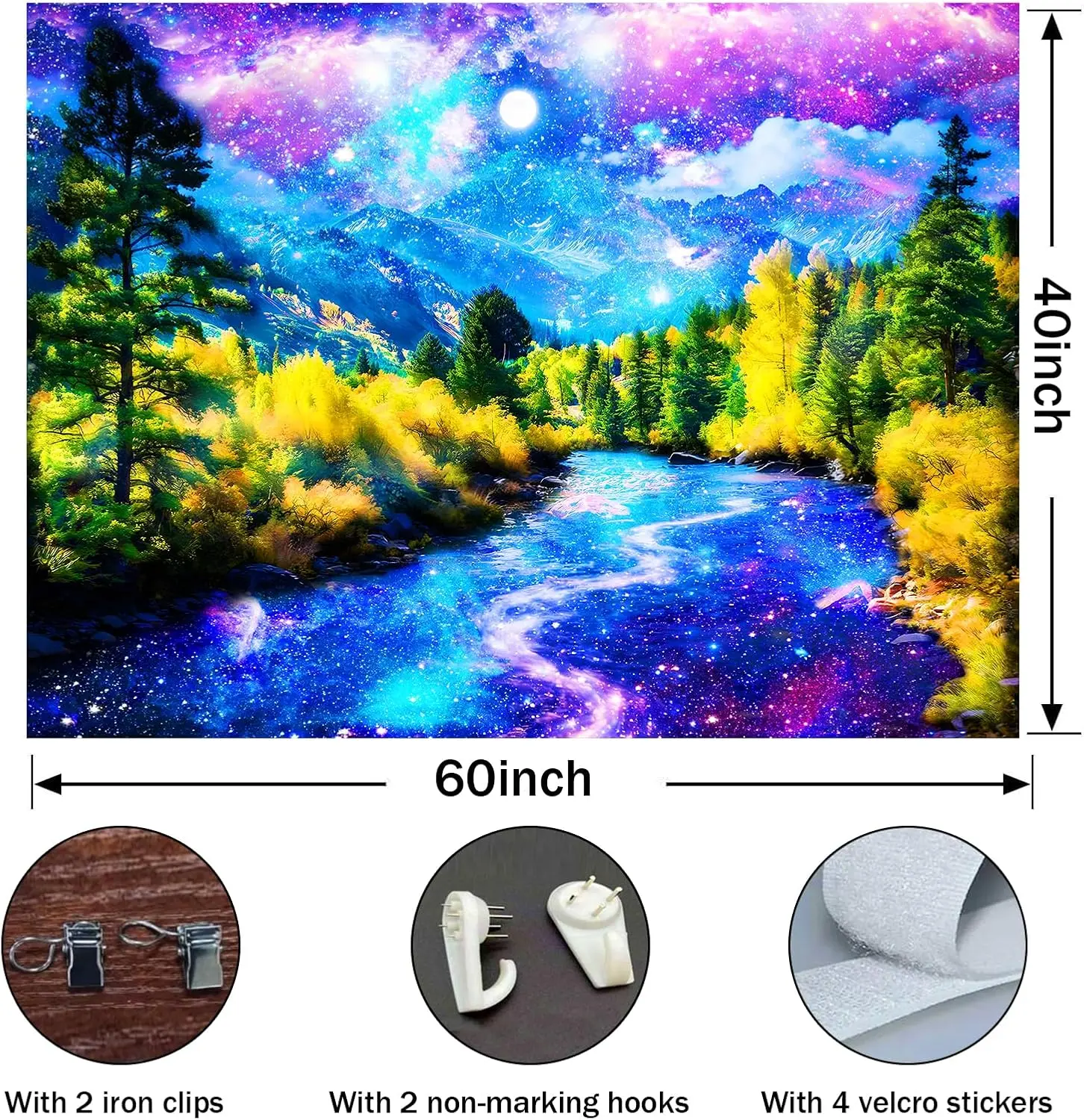 Forest Galaxy Tapestry,Starry Sky Mountain Forest Green Pine Water,Tree Natural Landscape,Aesthetics Bedroom Ceiling Dormitory