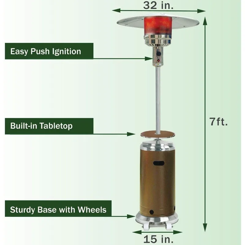 7 pés Aquecedor portátil de pátio para deck, bronze e aço inoxidável, estilo moderno guarda-chuva, aquecedor a gás para pátio, 48.000 BTU