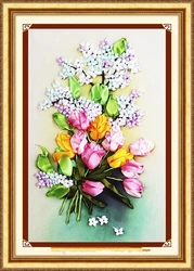 Needlework,DIY Ribbon Cross stitch Set for Embroidery kit,Tulip Rose Love Flower Ribbon Cross-Stitch Handwork Wedding Home Decor