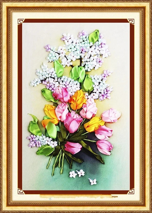 Needlework,DIY Ribbon Cross stitch Set for Embroidery kit,Tulip Rose Love Flower Ribbon Cross-Stitch Handwork Wedding Home Decor